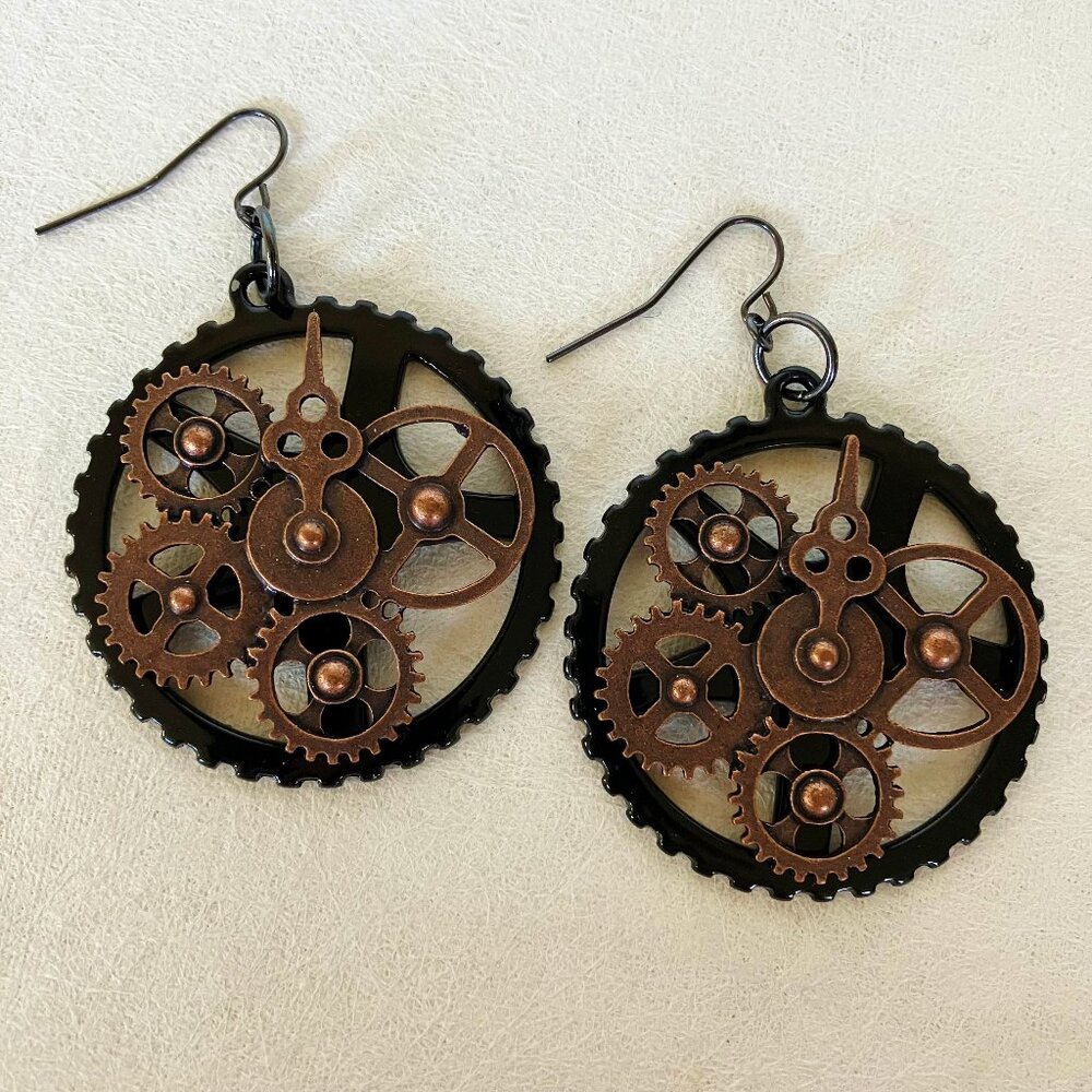 Steampunk Mixed Metal Earrings Round Hoop Gears Clock Gothic Handcrafted Pierced